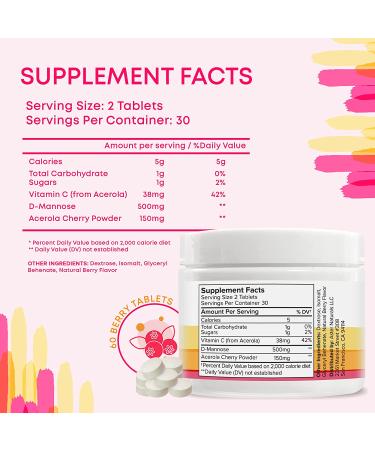 UTI Prevention Chewable Tablets 500mg D Mannose & 150mg Acerola Cherry Berry Flavor, Fast-Acting Formula for Women and Men 60 Count Pack of 1 - Buy Online on GoSupps.com