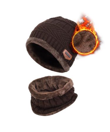 Aisprts Kids Winter Beanie Hat and Scarf Set Knitted Thermal Fleece Lining Hat and Snood Neck Warmer for Boys Girls One Size Coffee