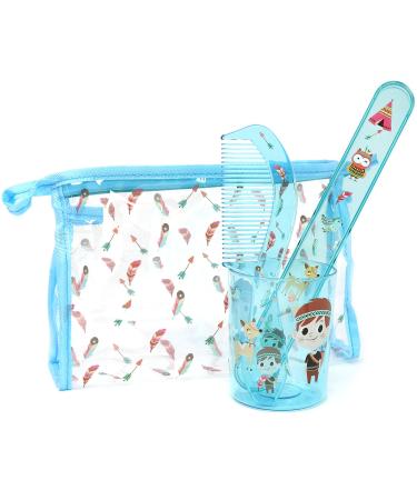 Com-Four 4-part travel set for children-toothbrush mug toothbrush case comb and zip pocket with an Indian motif-hygiene bag with accessories (04-part set-blue)