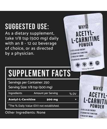 WHYZ Acetyl L-Carnitine Powder 125g | Pure ALCAR for Cognitive Support | Cardiovascular Health & Stamina | 250 Servings - Buy Online on GoSupps.com
