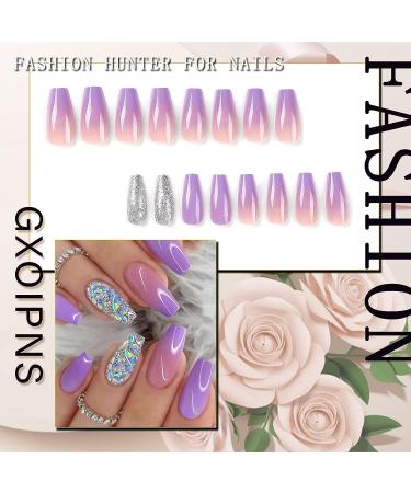 Sequin Purple Medium Coffin Fake Nails - 24pcs Full Cover Stick on Nails with Glue for Women - Buy Online on GoSupps.com