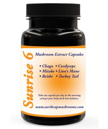 Earth Cap Mushrooms Sunrise 6 Mushroom Supplement Capsule - Chaga Cordyceps Lion's Mane Maitake Reishi Turkey Tail Real Fruiting Body - No Fillers