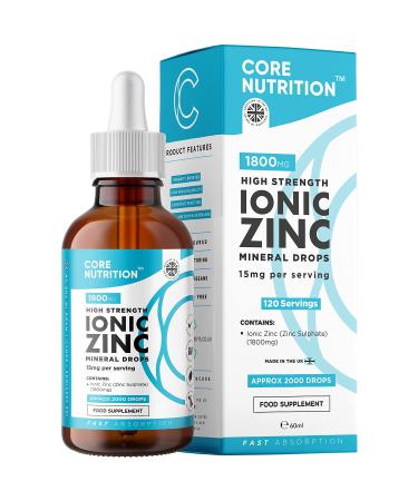 Ionic Zinc Liquid Drops - 60ml Glass Bottle - 120 Servings - High Strength 15mg - Boosts Metabolism & Supports Healthy Immune System - Made by Core Nutrition
