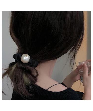 Inilbran Boho Pearl Silk Satin Hair Rope Scrunchies Black Satin Hair Band Hair Ties Vintage Elastic Hair Tie Ropes Pearl Ponytail Scrunchy Hair Ties Hair Accessories for Women and Girls Headdress