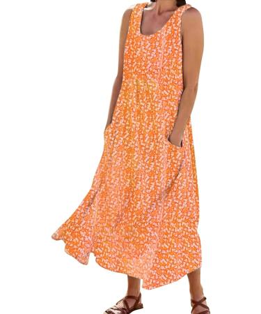 ToddlBy Ladies Summer Pocket Sleeveless Round Neck Swing Fashion Floral Dress plus Dresses for Women plus Size Orange Large - Buy Online on GoSupps.com