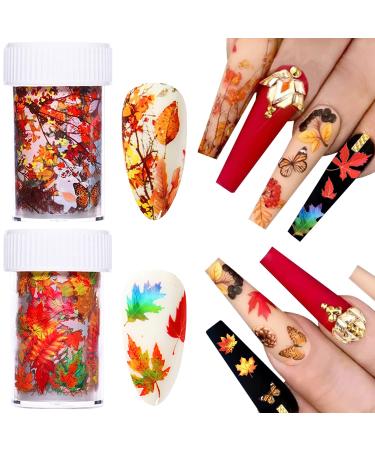 Fall Nail Foil Transfer Stickers Maple Leaf Nail Foils Decals Fall Nail Art Stickers Flowers Maple Leaves Autumn Nail Designs Thanksgiving Nail Stickers for Women Girls Nail Decoration (2 Rolls) 2 Boxes