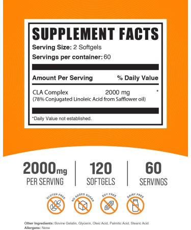 BulkSupplements CLA Softgels - 2000mg Conjugated Linoleic Acid Supplements Gluten Free 120 Count - 60-Day Supply Best for Weight Management - Buy Online on GoSupps.com