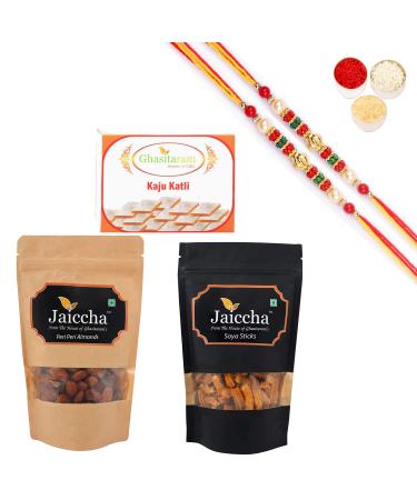 Ghasitaram Gifts Rakhi Gifts for Brothers Rakhi Sweets - Best of 3 Kaju Katli SOYA Sticks Pouch and Peri Peri Almonds Pouch with 2 Pearl Beads Rakhis