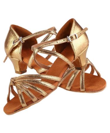 Dance shoes PU soft comfortable Latino shoes fashion dance shoes for children girls with 4 cm high heel 35 EU gold