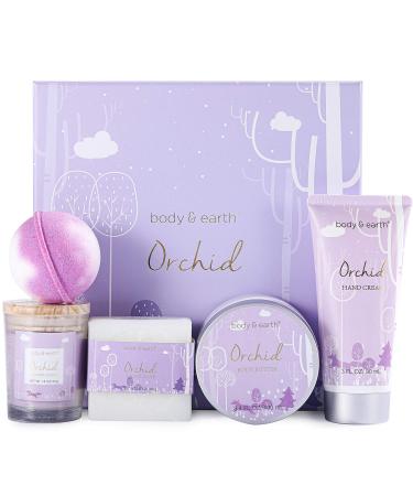 Bath Spa Gifts for Women - Gift Set for Women, Body & Earth 5 Pcs Bath Set with Orchid Scented Candle, Body Butter, Hand Cream, Bath Bar and Bath Bomb, Birthday Gifts Box for Women