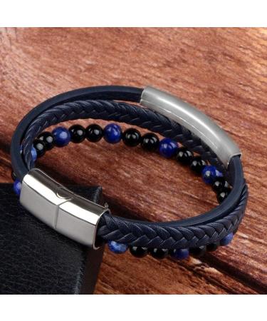 Multi-Layer Wrapped Men'S Bracelet Natural Stone Bracelet Leather Woven Bracelet Black Magnetic Buckle Multilayer Bracelet For Men - Buy Online on GoSupps.com