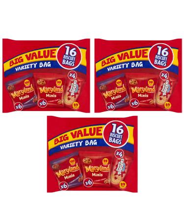 Burtons Burton's Mini Biscuits Pack of 3 packs of 16 mini packs of 380g each including 2 chocolate biscuits chocolate chip biscuits and Jammie Dodgers biscuits