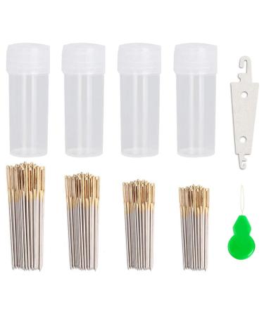 120pcs Cross Stitch Needles +2 Needle Threader Golden Color Large Eyes Cross Stitch DIY Embroidery Hand Needles Sewing Needles in Transparent Box Size 22# 24# 26# 28# 22#+24#+26#+28#