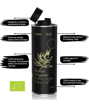 Yolioo 0.75L Premium Italian Organic Extra Virgin Cold Pressed Olive Oil from Tuscany - Fresh Harvest Everyday Blend, Leakproof Bottle - Best Quality Olive Oil for Cooking - Buy Now! - Buy Online on GoSupps.com