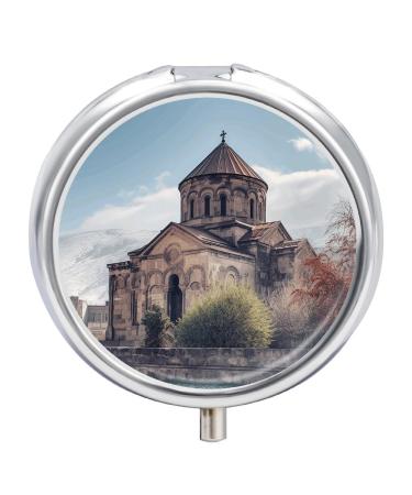 Round Pill Box Armenian Church Print 3 Compartment Medicine Pill Case Print Pill Organizer Decorative Metal Portable Pill Box Pocket Pill Box Style