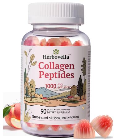 Herbovella Marine Collagen Peptides Gummies for Women- Hydrolyzed Collagen Peptides 1000mg with Biotin Vitamins Hyaluronic Acid- for Skin Hair Nails -Sugar Free 30 Servings Peach Flavor