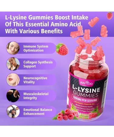 BVIVLOO L-Lysine 1000mg Gummies for Immune Support & Skin Health - High Potency Vegan Sugar-Free Gluten-Free Supplement with Natural Raspberry Flavor for Adults & Kids - 60 Gummies - Buy Online on GoSupps.com