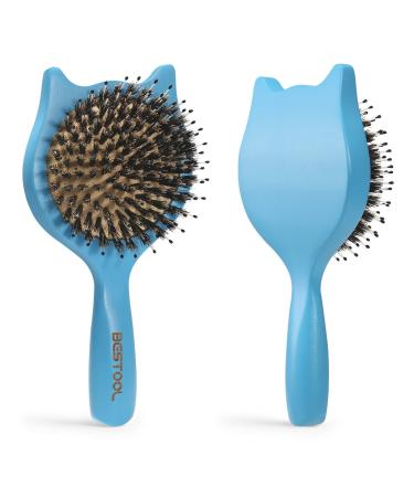 Hair Brush, BESTOOL Small Travel Hair Brushes for Women, Men or Kids, Wooden Toddler Boar Bristle Hair Brush for Detangling, Defrizz, Distribute Oil (Blue)