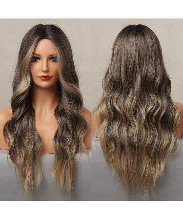 HAIRCUBE Ombre Brown Wigs for Women Long Brown Highlights Curly Wig Middle Part Natural Synthetic Wigs for Daily Use Brown Highlights Blonde
