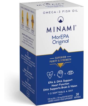 Omega 3 fish oil supplement Minami MorEPA Original with high concentration of EPA DHA Supports normal brain vision and heart function 30 softgels - Buy Online on GoSupps.com