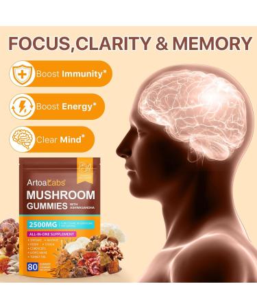 Mushroom Gummies with Ashwagandha 2500mg Lions Mane Mushroom Supplement Blend Organic Reishi Cordyceps Turkey Tail & More Boosts Energy Memory Immune Defense- 80 Gummies 80 Count (Pack of 1) - Buy Online on GoSupps.com