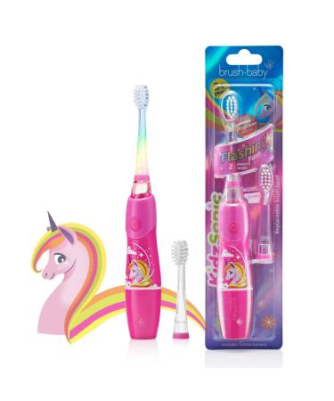 Brush Baby KidzSonic Toddler and Kid Electric Unicorn Toothbrush for Ages 3+ Years - Disco Lights, Gentle Vibration, and Smart Timer Provide a Fun Brushing Experience - (2) 3+ yrs Brush Heads Included