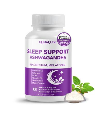 Sleep Support with Ashwagandha Magnesium Melatonin L-Theanine Valerian Chamomile Natural Sleep Aid* for Restful Sleep* Relaxation* & Restoration* Made in The USA 150 count (pack of 1)