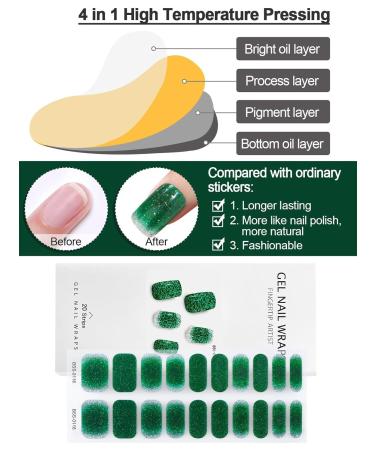 EBANKU Dark Green Glitter Gradient Gel Nail Strips - 20Pcs Waterproof Long-Lasting Real Gel Polish with Nail File | UV/LED Lamp Required - Buy Online on GoSupps.com