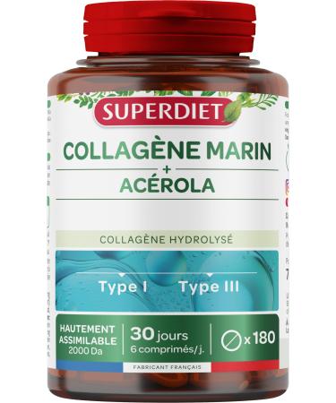 SUPERDIET - COLLAG NE MARIN & AC ROLA - Beaut de peau - Source de vitamine C - Nutrith rapie Fabrication Fran aise - 180 comprim s