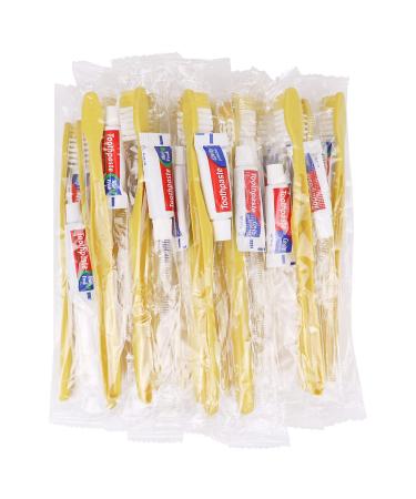 Xuezoioy Disposable Toothbrushes with Toothpaste 200 Pack Yellow Hollow Individually Wrapped Disposable Travel Toothbrushes Kit in Bulk for Homeless Nursing Home Hotel Charity 200pack with toothpaste