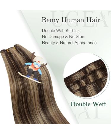 Ugeat 55 cm Double Weft Hair Extensions Human Hair with 100cm Sew in Hair Extensions Weft Human Hair Extensions Dark Brown Highlight with Caramel Blonde #P4/27 Sew in Hair 105g 22in 3.Weft#P4/27 - Buy Online on GoSupps.com