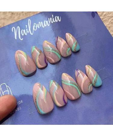 JUSTOTRY 24 Pcs Glitter Almond Short False Nails Pattern Rainbow French Press on Nails Pretty Multi Colour Fake Nails Short with Nail Glue Pastel Oval Medium Stick on Nails for Women rainbow&glitter2