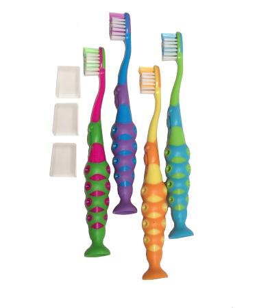 Secret for Longevity 4-Pack of Kids Childrens Toddler Extra Soft Bristle Easy Grip BPA Free Toothbrush Set w/ Suction Base and Travel Dust Covers