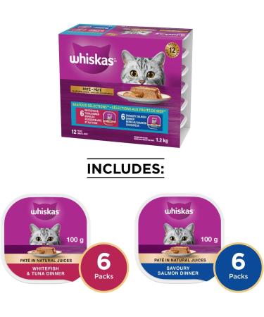 WHISKAS Perfect Portions Meaty Selections Adult Wet Cat Food Pat 12x75g Tray & Seafood Selections Adult Wet Cat Food Pat Multipack - 6 Whitefish and Tuna 6 Salmon 12x100g Tray Beef Chicken + Cat Food - Buy Online on GoSupps.com