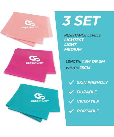 Coresteady Resistance Band Set - 3 Pack 2 Metre Exercise Bands for Men & Women - Build Strength, Flexibility, Muscle & Tone - Ideal for Fitness, Stretching, Pilates, Physio & Yoga - Includes Exercise Guide - Buy Online on GoSupps.com