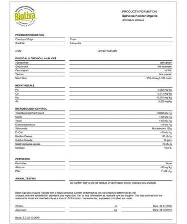 Organic Spirulina Powder 500g Cyanobacteria Seaweed Powder Packaged and Controlled in Germany Biotiva - Buy Online on GoSupps.com