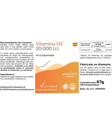 Vitamin D3 20000 IU - High Dose Cholecalciferol Tablets (90 Count) | Only 1 Tablet Every 20 Days | Vitamintrend - International Shipping Available - Buy Online on GoSupps.com