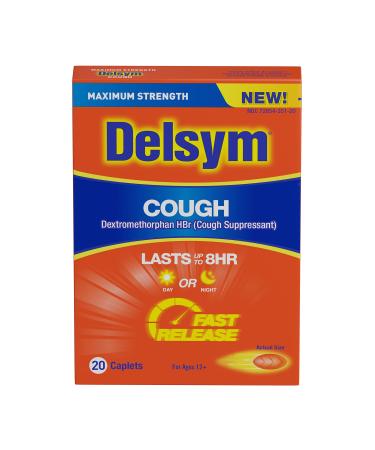 Maximum Strength Delsym Cough Suppressant, Fast Release Caplets, Lasts up to 8 Hour Day or Night, 20 Count 20 Count (Pack of 1)