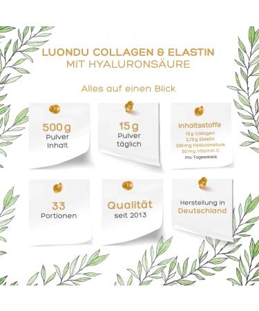 LUONDU Collagen Powder with Elastin Hyaluronic Acid & Vitamin C - Bioactive Hydrolysate Peptides Types I II & III - Optimal Solubility & Bioavailability - 500g - Buy Online on GoSupps.com