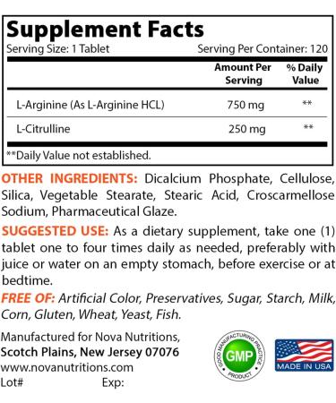 Nova Nutritions L-Arginine L-Citrulline 1000mg - Muscle Relaxation Support - 120 Tablets - Buy Online on GoSupps.com