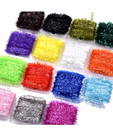 Phecda Sport 15 Cards Multi Colors Tinsel Chenille Line Crystal Flash Line Fly Fishing Tying Material for Nymphal Bugs Scud 15 Cards-75M