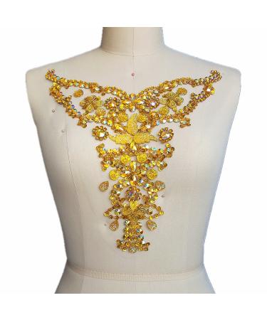 Rhinestone Crystal Trim Bridal Applique Beaded Sequin Sew On Neckline Design Patch Sewing for Wedding Collar Dresses DIY Decoration 28x30cm (Yellow)