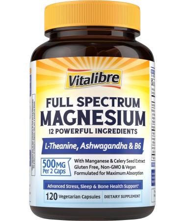 Magnesium Complex Supplement 500mg + Ashwagandha L-Theanine Vitamin B6 & Celery High Absorption Magnesium Glycinate Citrate Malate Sleep & Bone Support 120 Vegan Capsules 120 Count (Pack of 1)