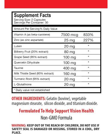Lutein Bilberry Fruit - EYE VISION GUARD - Grape Seed Quercetin Dihydrate Taurine Milk Thistle Seed Turmeric Root L-Glutathione Lutein Bilberry Fruit Taurine Turmeric Root 1Bot 60Caps - Buy Online on GoSupps.com
