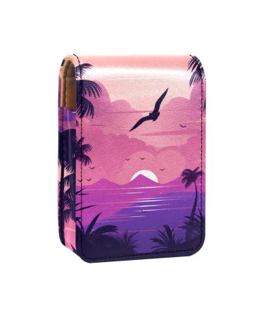 Travel Lipstick Organizer Case Lipstick Case Portable Makeup Bag With Mirror Purple Palm Tree Sunset F332a4lhrg