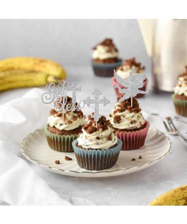 Rsstarxi 24 Pack God Bless and Cross Cupcake Toppers Glitter Angel Christening Babyshower Boy Baptism Cupcake Picks Decorations for First Communion Baptism Party Cake Decorations Silver - Buy Online on GoSupps.com
