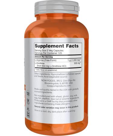 Now Foods Sports Arginine & Ornithine 500mg250mg - 250 Capsules for Enhanced Performance - Buy Online on GoSupps.com