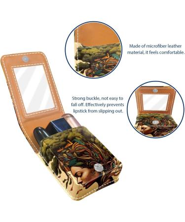 Travel Lipstick Organizer Case - Portable Makeup Bag with Mirror | African Woman Abstract Plant Pattern - Buy Online on GoSupps.com