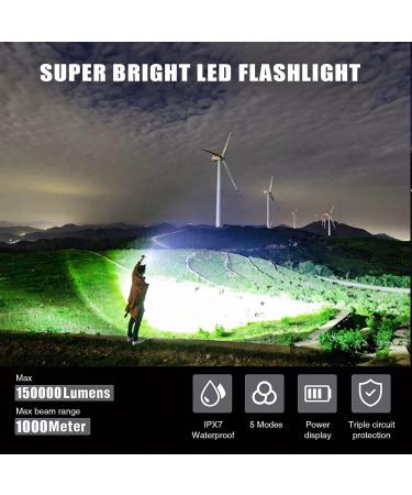 Lyting USB Rechargeable 150000 Lumens Super Bright Flashlight | 5 Modes, IPX7 Waterproof | Powerful Flash Light for Emergencies & Camping - Black - Buy Online on GoSupps.com