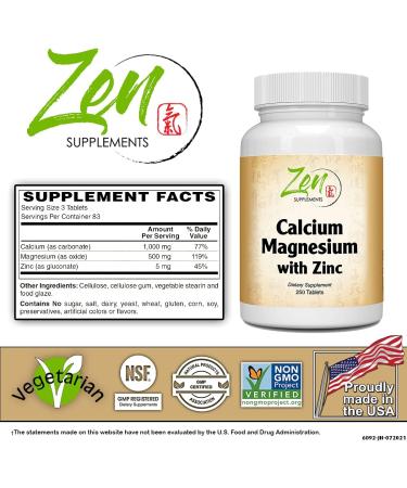 Zen Supplements Calcium Magnesium Zinc 250-Tabs - Bone Health & Immune Support - Buy Online on GoSupps.com